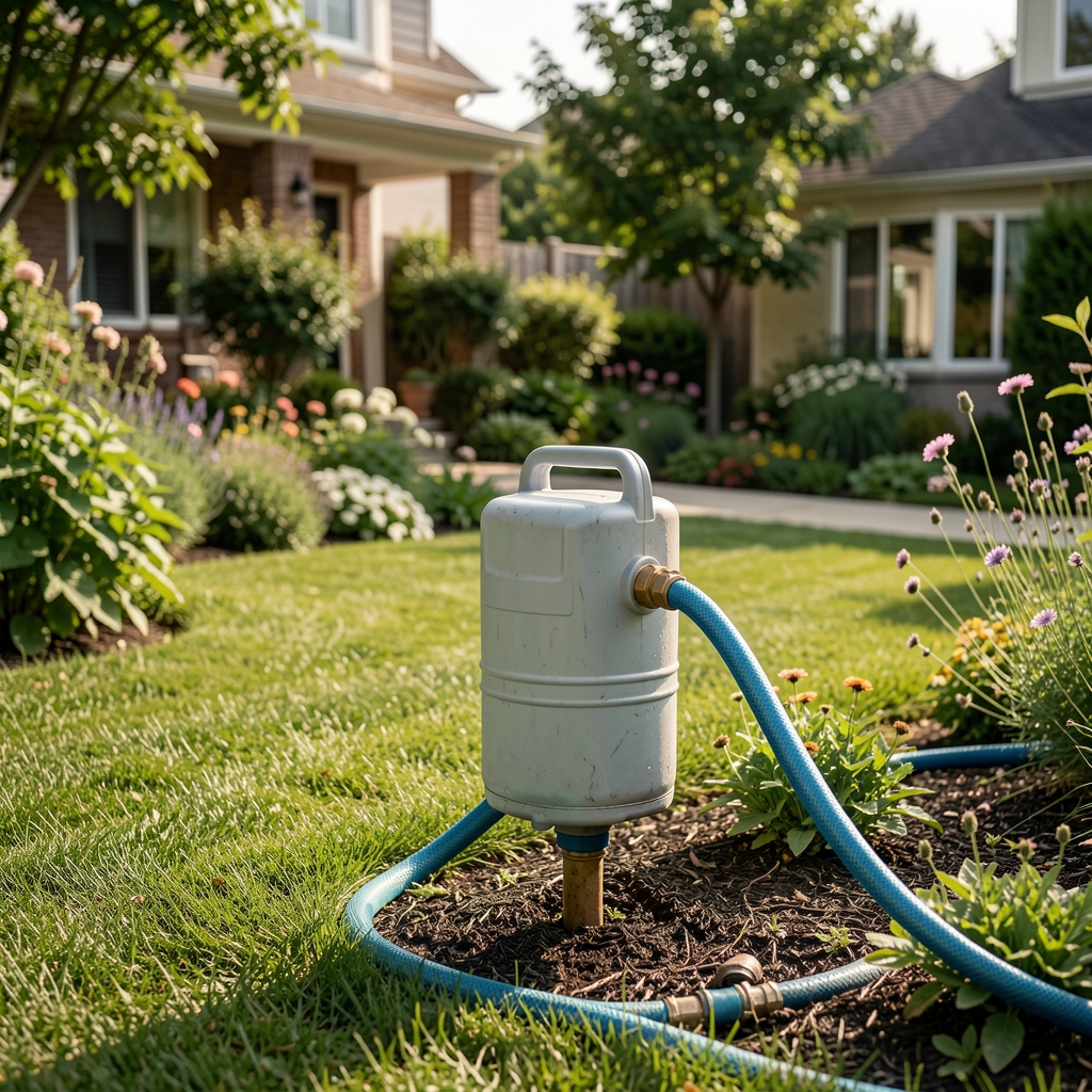 Bomba de agua compacta conectada a una manguera en un jardín residencial