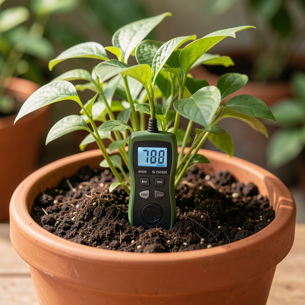 Medidor digital de humedad insertado en la tierra de una maceta grande con planta de hojas verdes