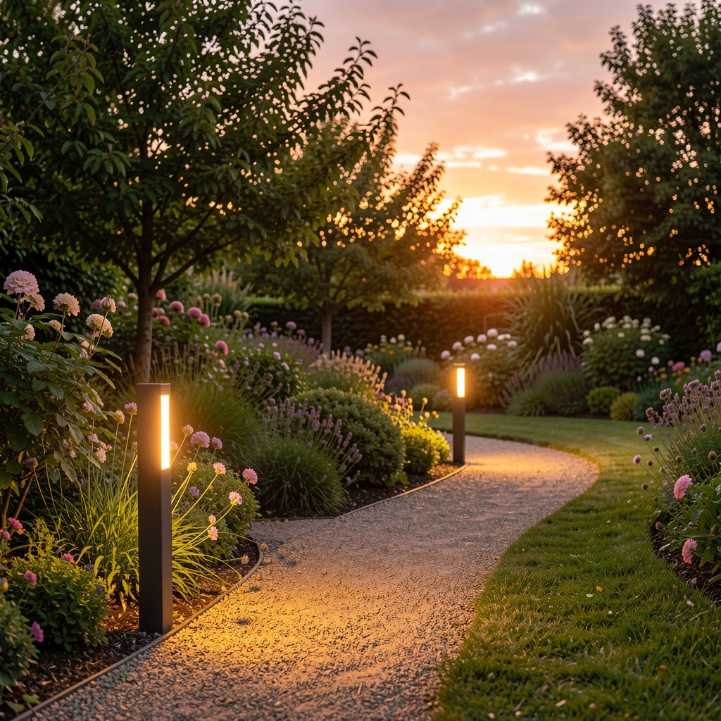 Luces solares LED instaladas en el borde de un sendero de jardín durante el atardecer