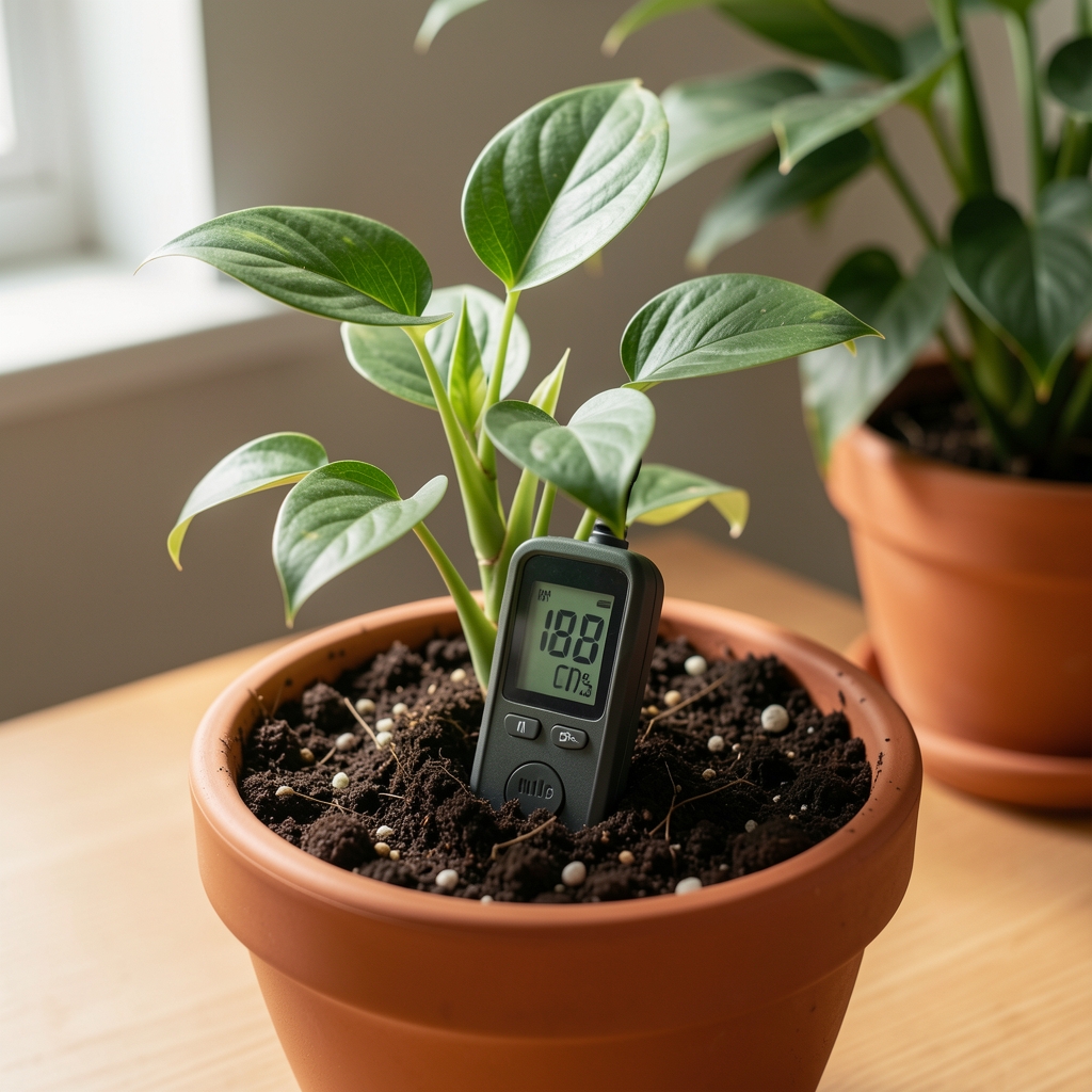 Medidor digital de humedad insertado en la tierra de una maceta con planta de interior