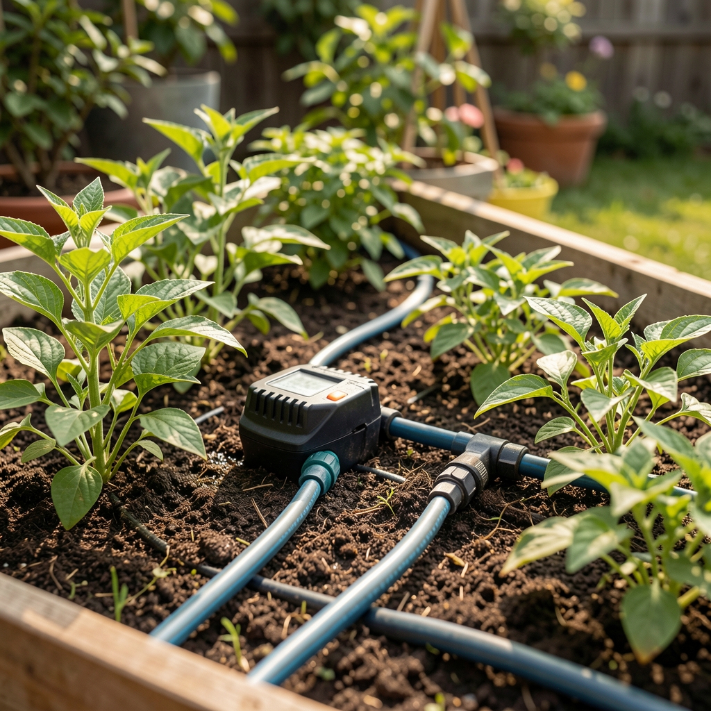 Sistema de riego automático por goteo instalado entre plantas de un cantero doméstico con manguera y temporizador