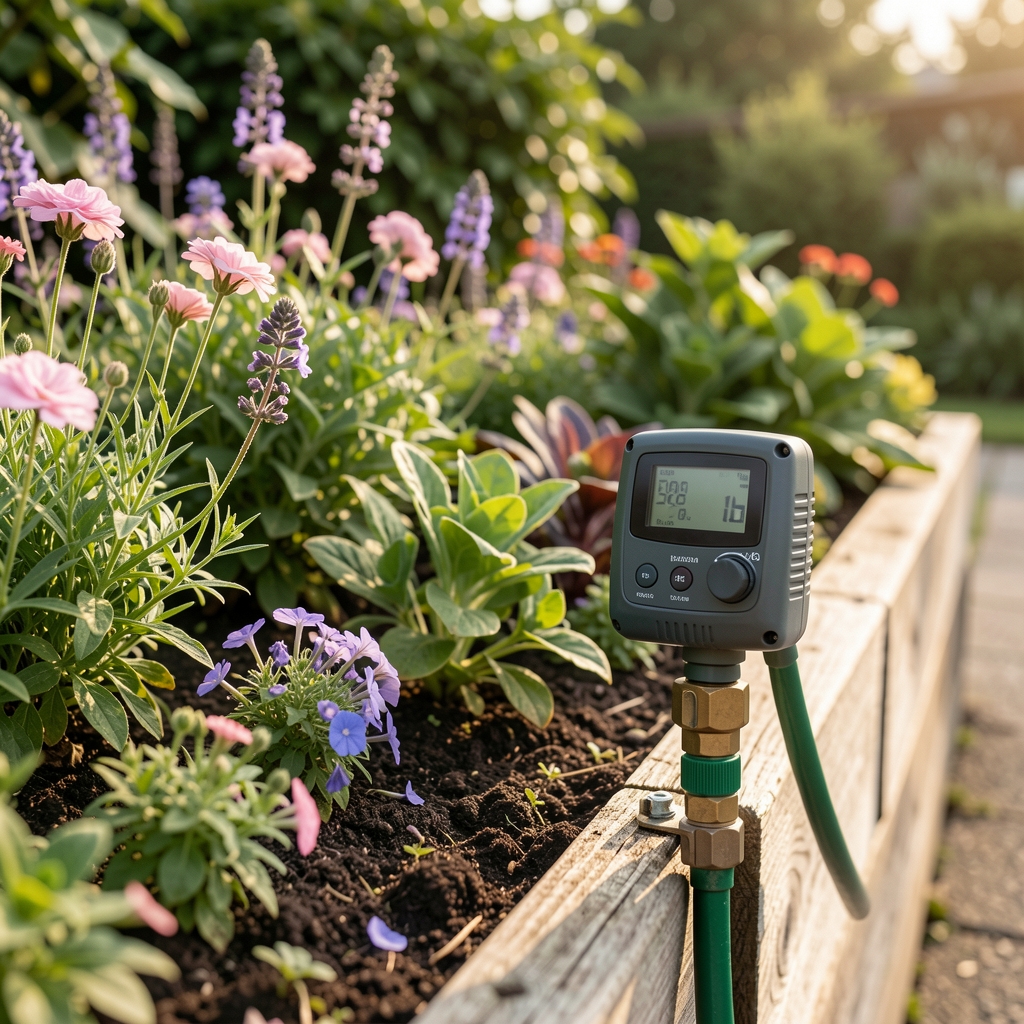 Manguera de riego automático con temporizador digital instalada junto a un cantero de plantas