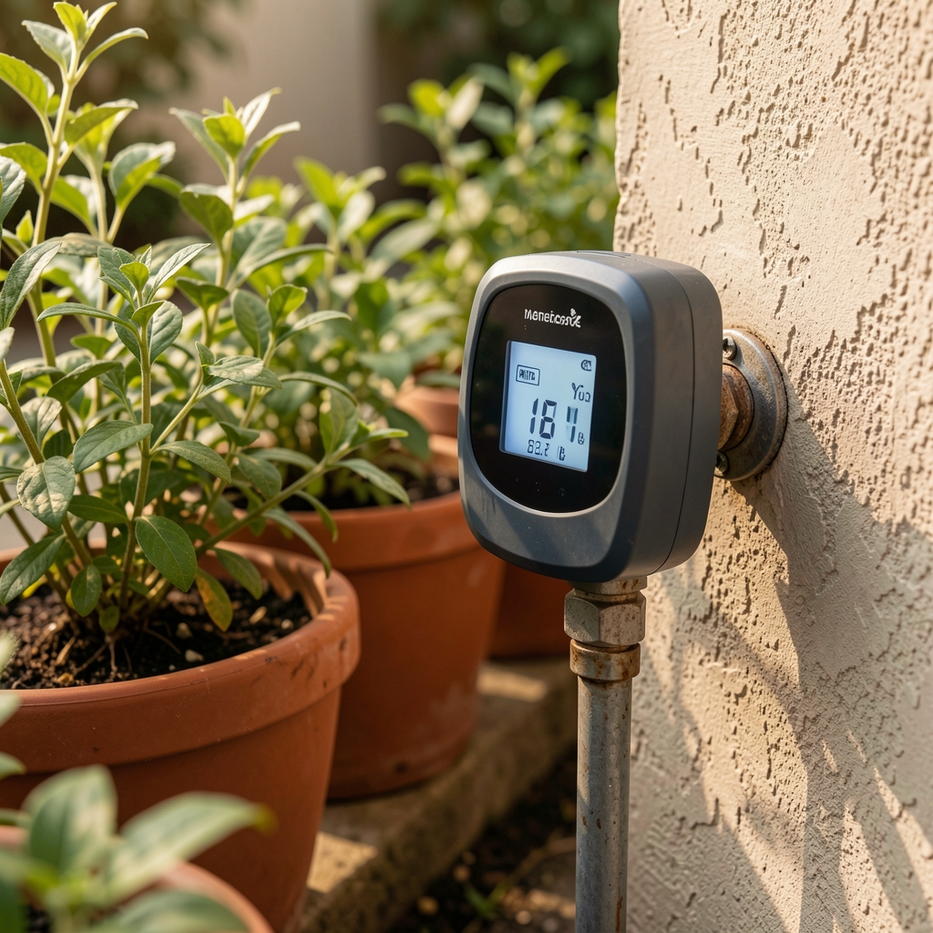 Temporizador de riego digital conectado a una canilla exterior junto a plantas