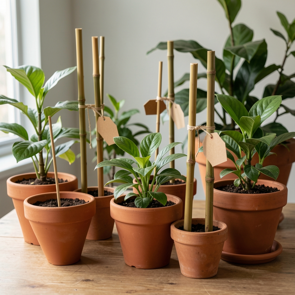 Set de accesorios para plantas con macetas de terracota, tutores de bambú y etiquetas identificadoras