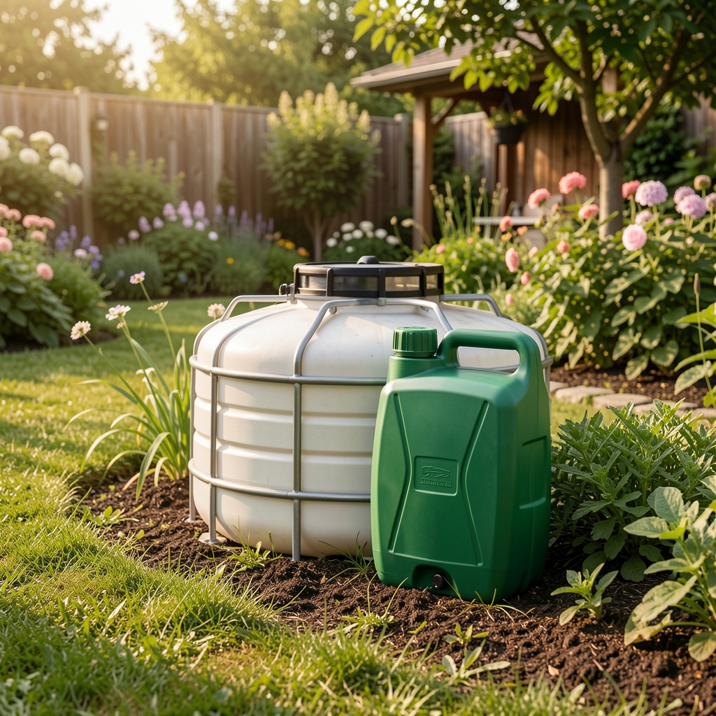 Bomba de agua compacta color verde apoyada junto a un tanque de riego en un jardín doméstico