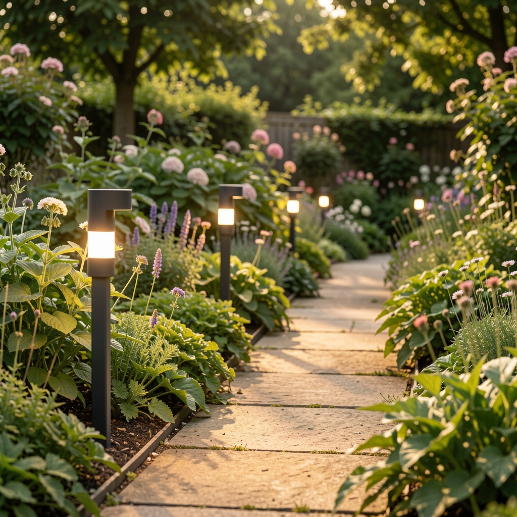 Luces solares tipo estaca instaladas en el borde de un sendero de jardín entre plantas bajas