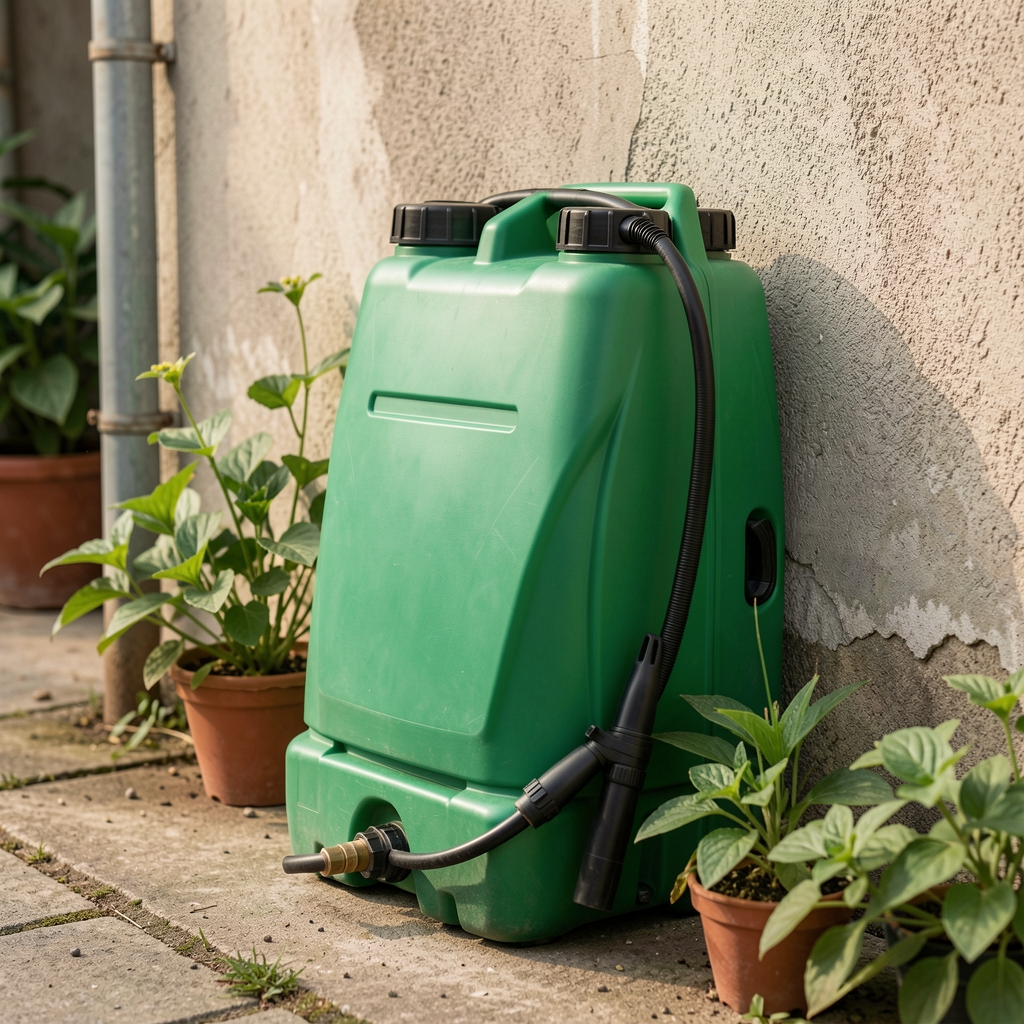 Pulverizador manual de mochila color verde apoyado contra una pared junto a plantas