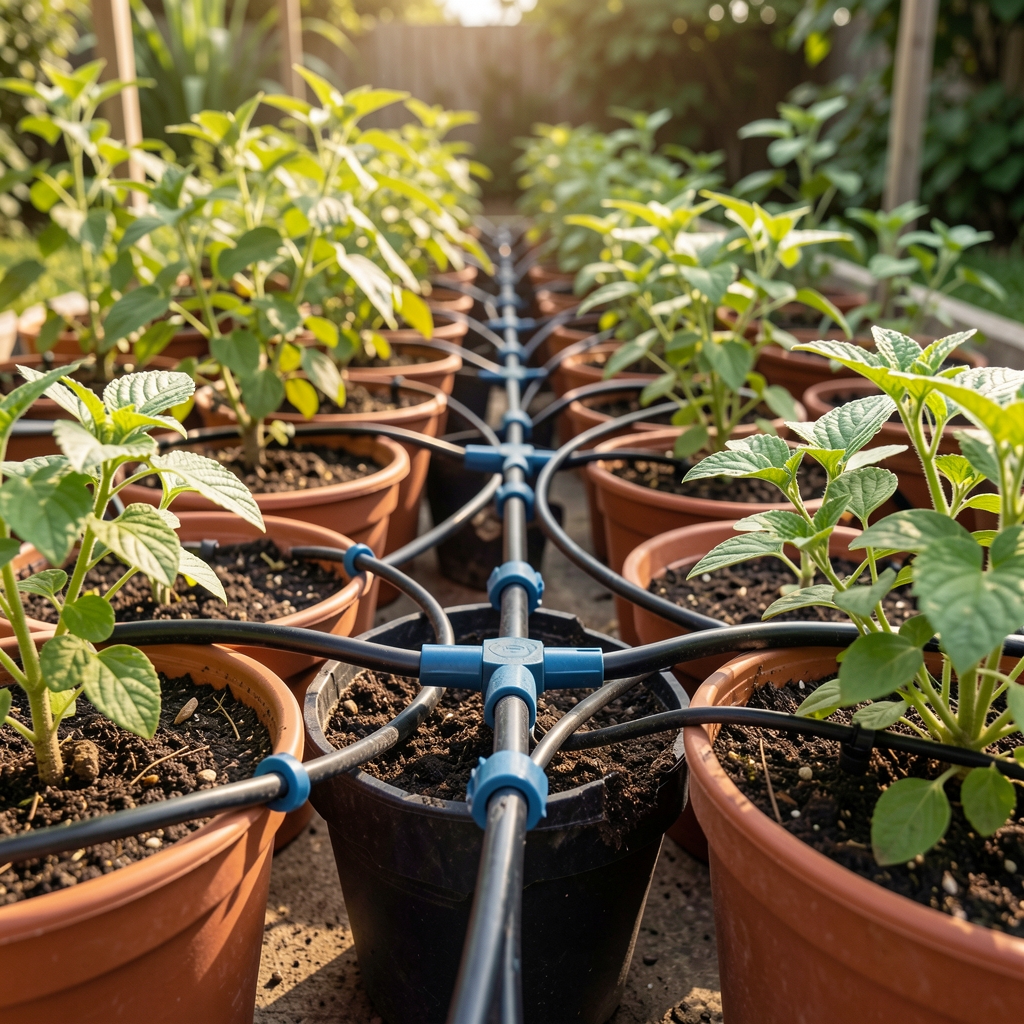 Sistema de riego automático por goteo con mangueras y goteros distribuidos entre plantas en macetas