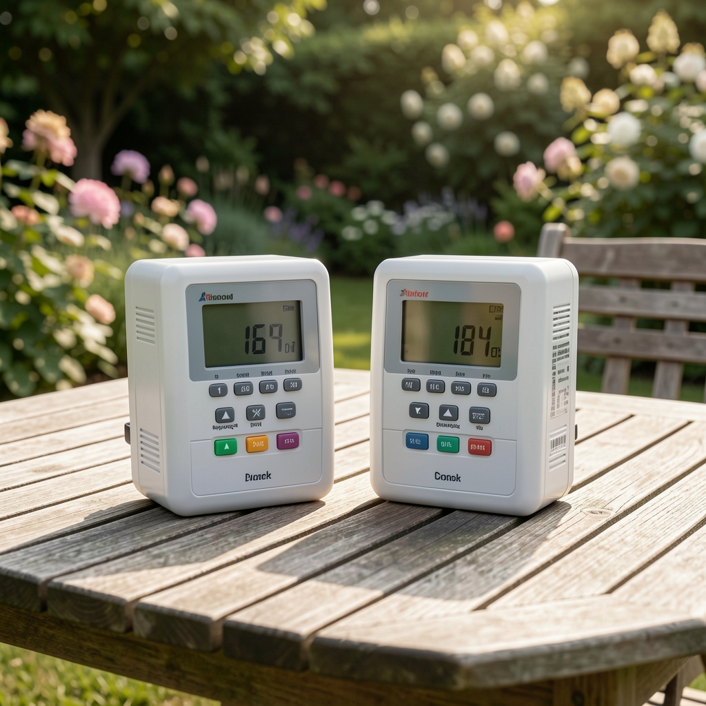 Dos modelos de medidores digitales de humedad colocados sobre una mesa de jardín para comparar