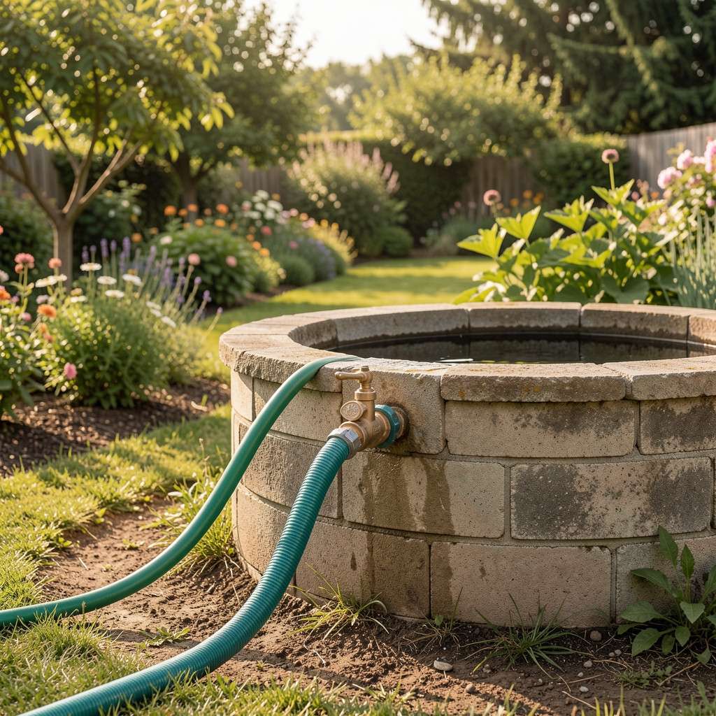 Bomba de agua de alta capacidad conectada a una manguera gruesa junto a un aljibe de jardín