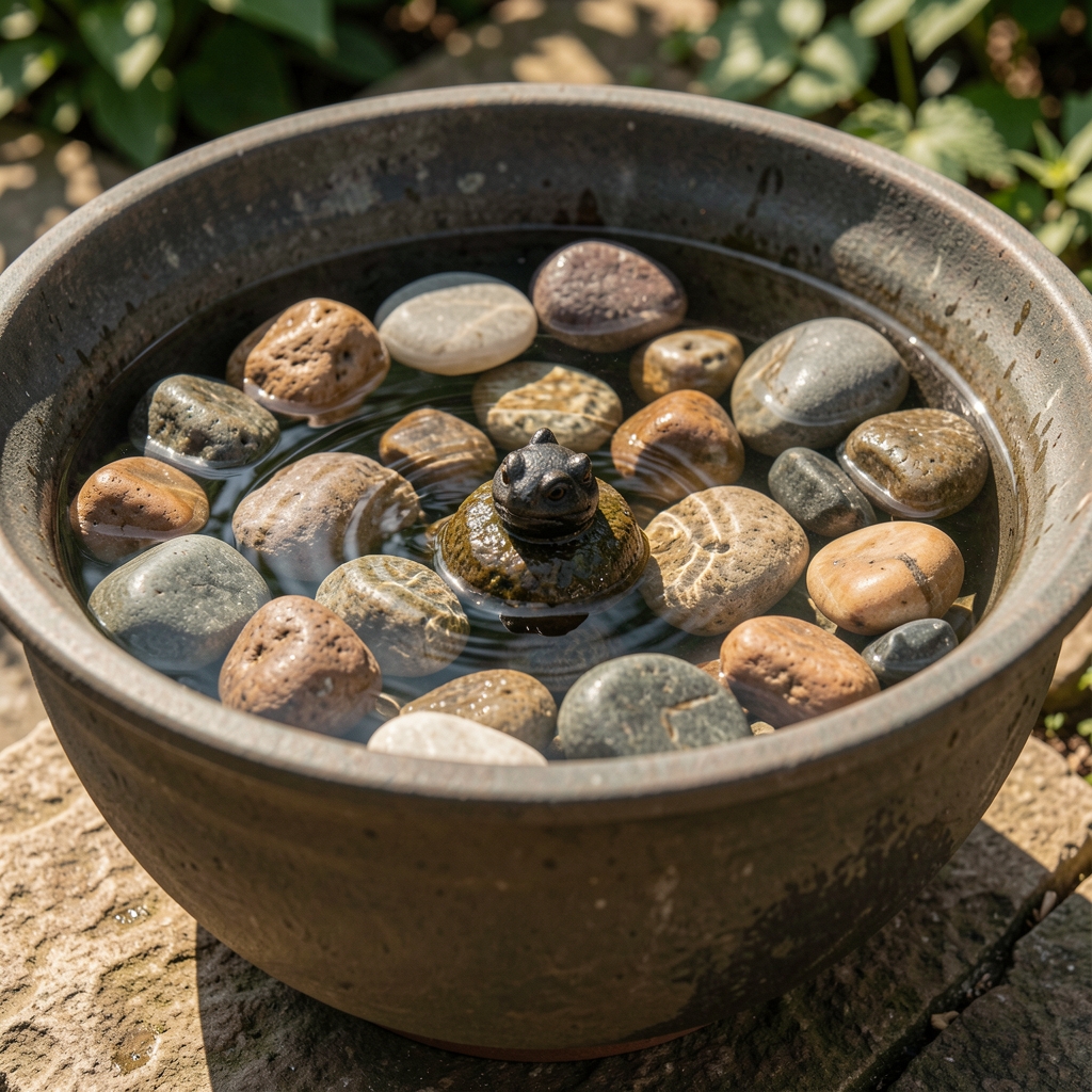 Bomba pequeña para fuente ornamental sumergida en un recipiente de agua con piedras decorativas