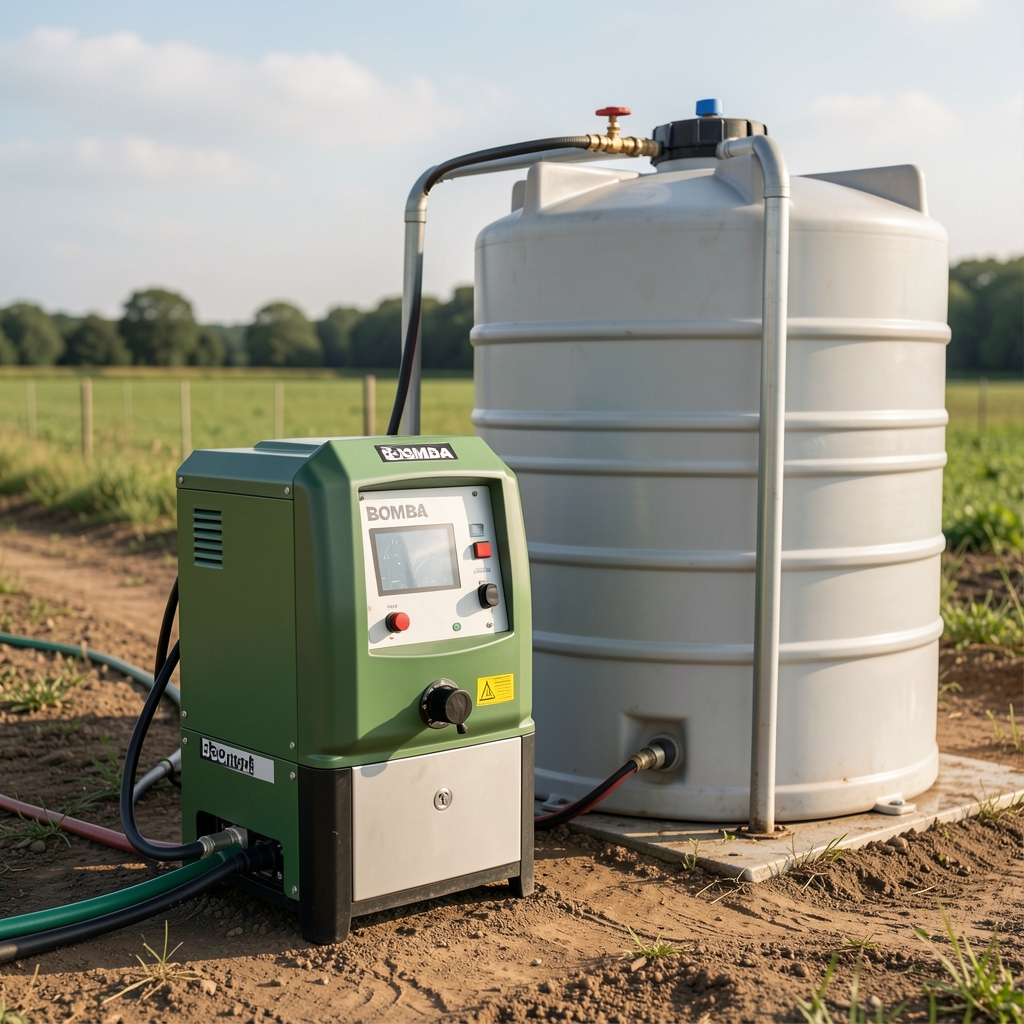 Bomba presurizadora compacta instalada junto a un tanque de agua para reforzar la presión de riego