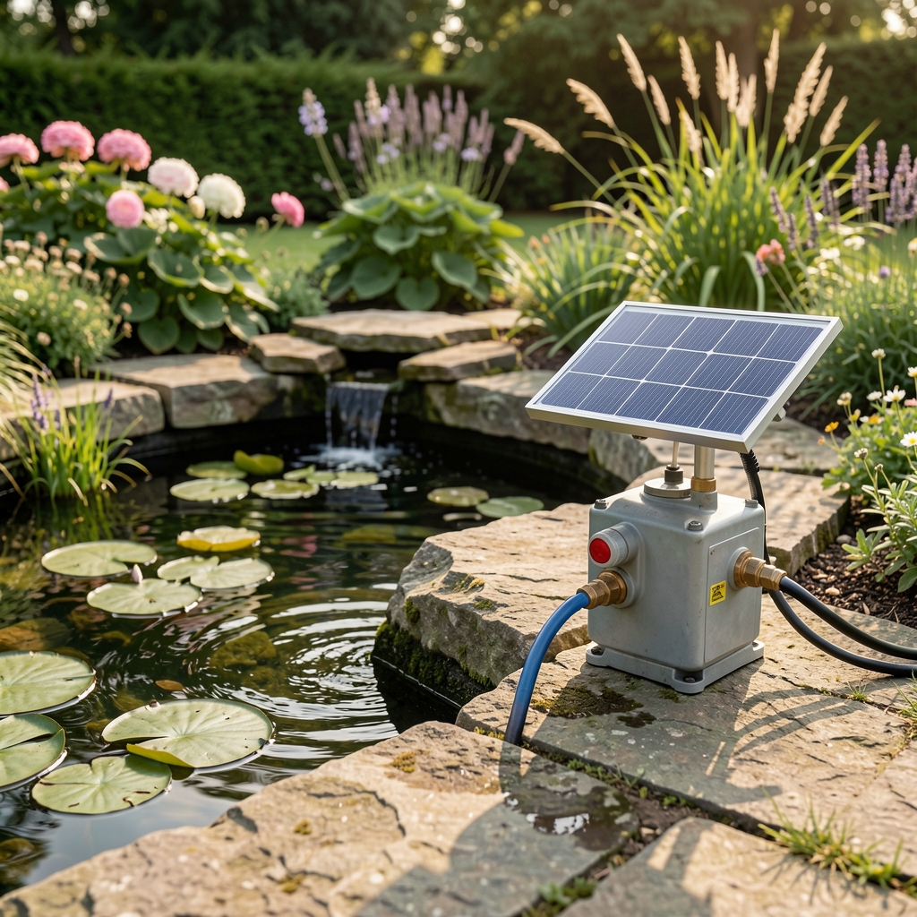 Bomba de agua alimentada por panel solar pequeño colocada junto a un estanque de jardín