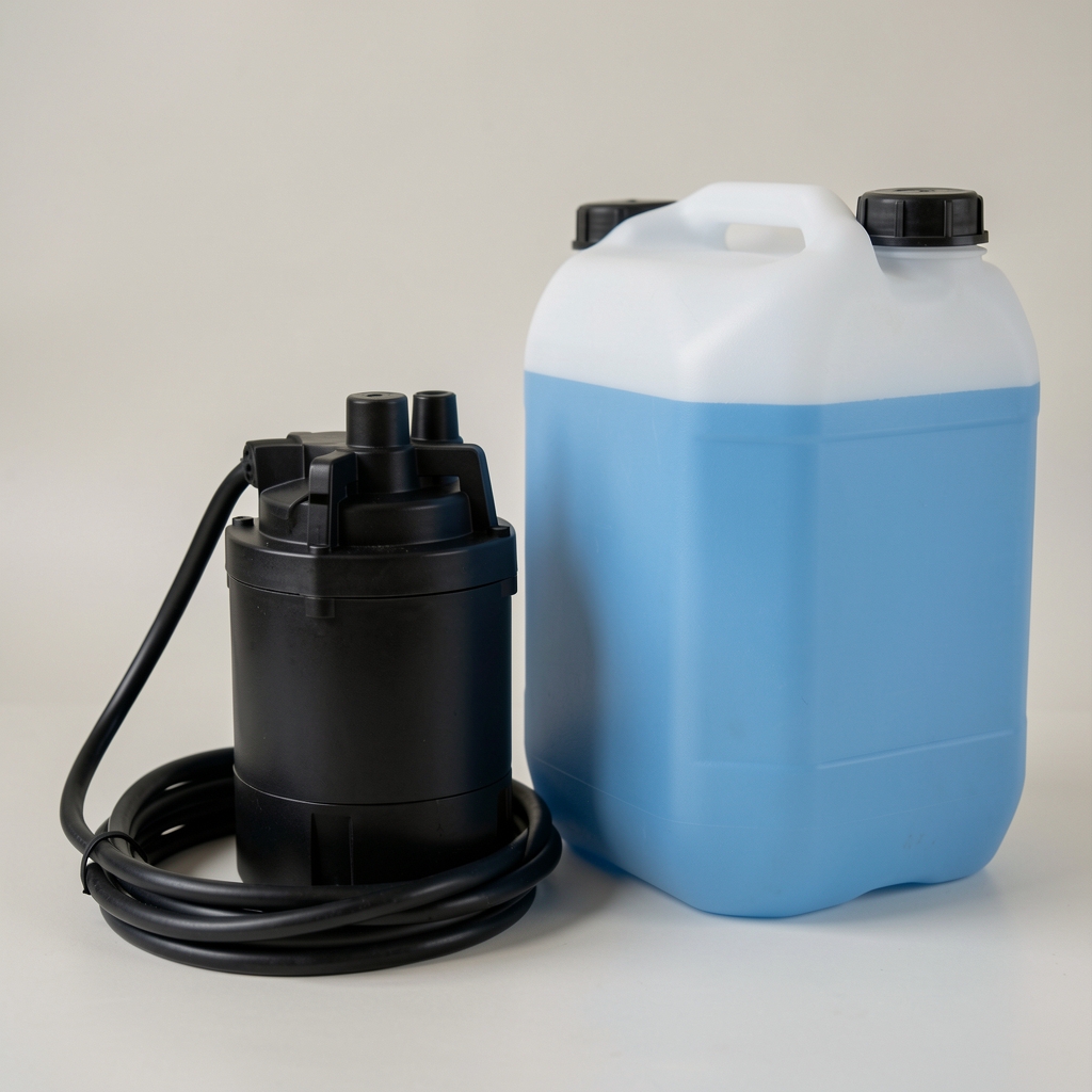 Bomba de agua sumergible compacta de color negro con cable eléctrico junto a un tanque de plástico
