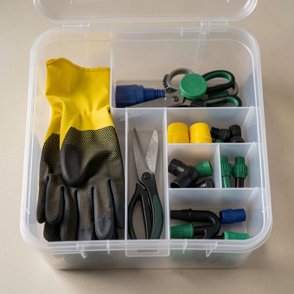 Caja técnica plástica con compartimentos guardando guantes, tijeras y boquillas de riego