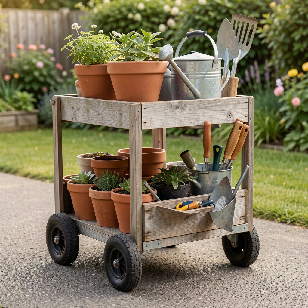 Carro portaherramientas con ruedas cargado con macetas y utensilios de jardinería