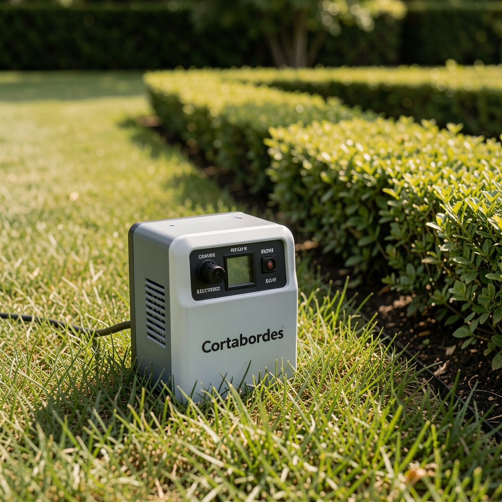 Cortabordes eléctrico compacto apoyado sobre el pasto junto a un cantero recortado