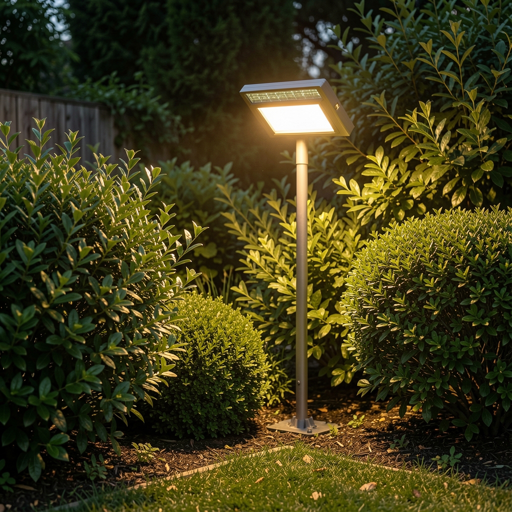 Farol solar de pie iluminando un rincón de jardín junto a arbustos