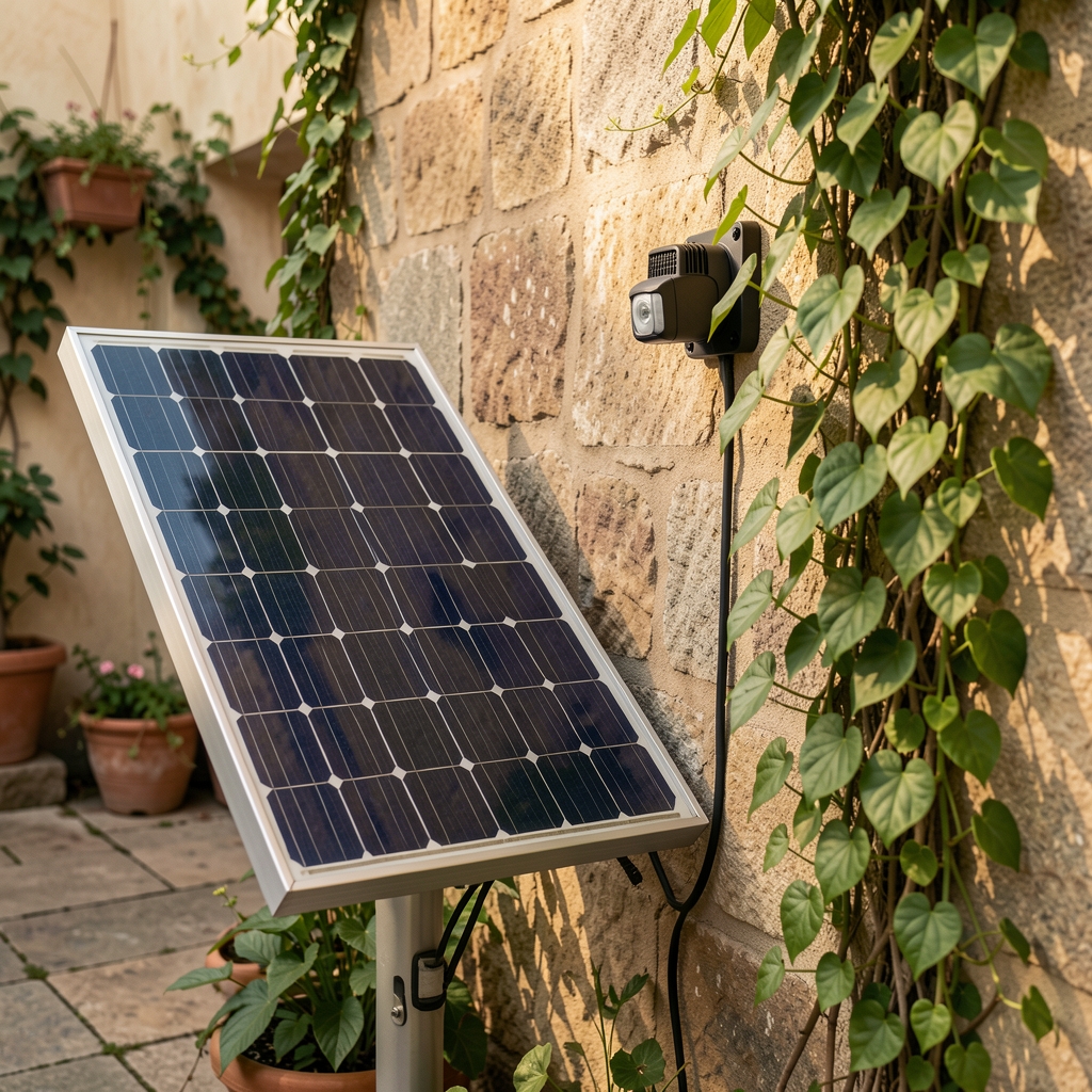 Foco solar con sensor de movimiento instalado en la pared de un patio junto a plantas trepadoras