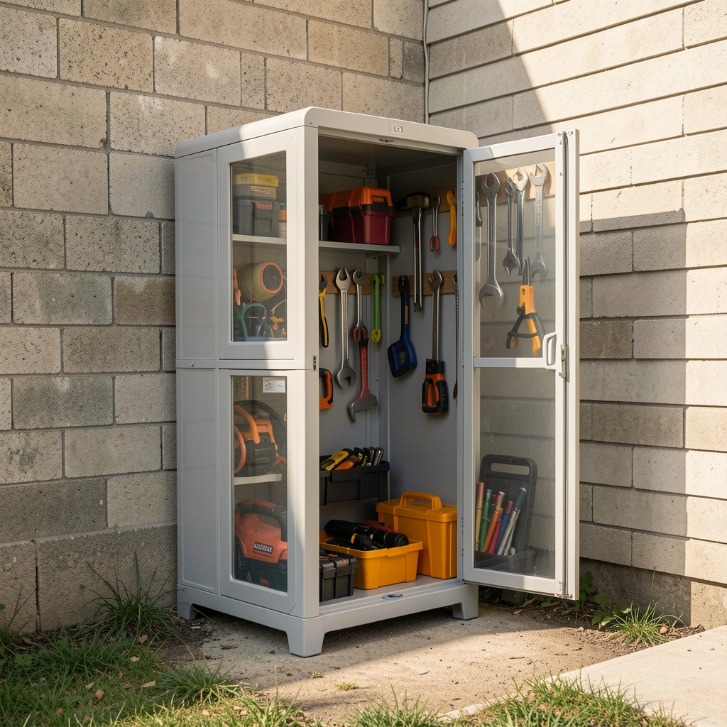 Gabinete plástico de exterior para guardar herramientas junto a la pared de una casa