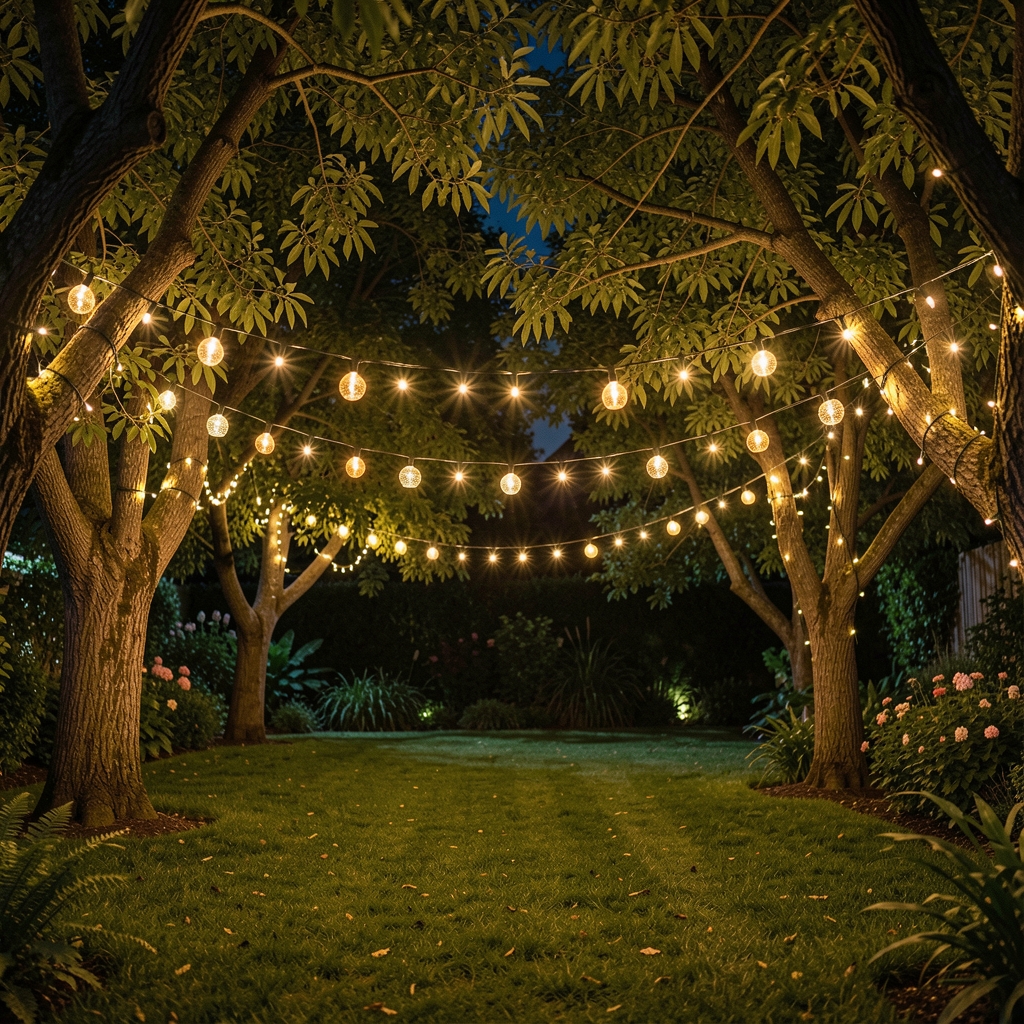 Guirnalda de luces solares decorativas colgando entre árboles de un jardín durante la noche