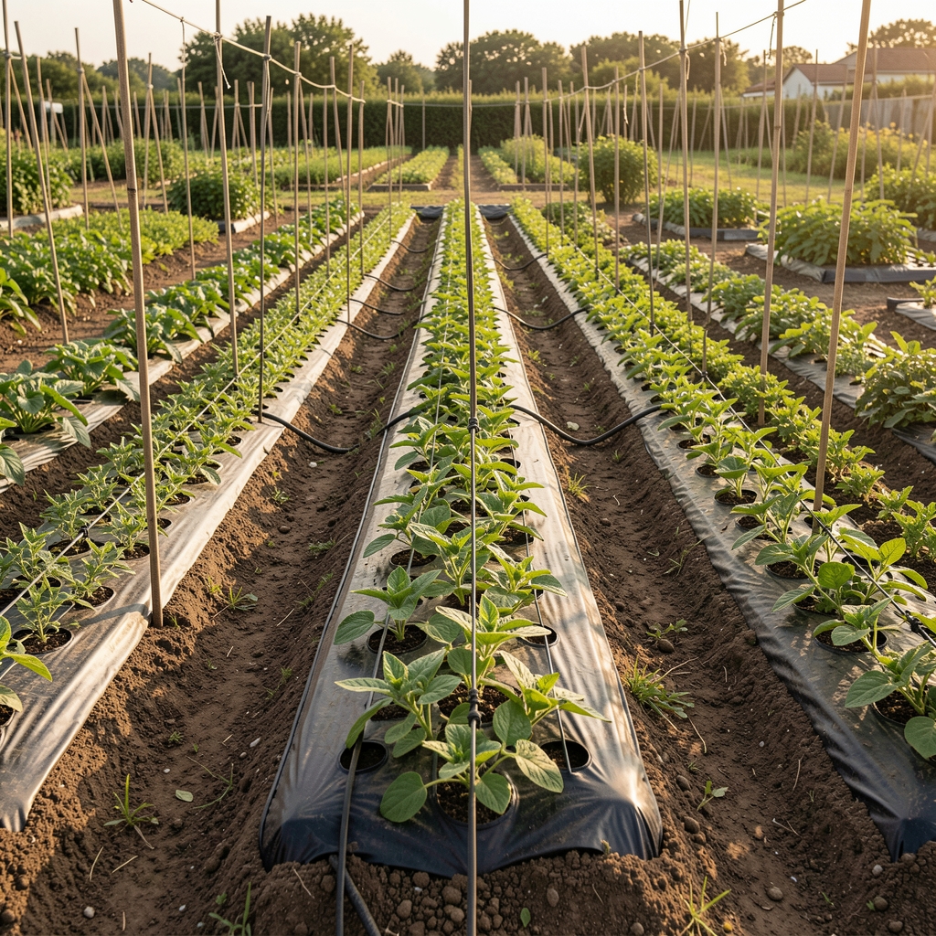 Sistema de riego por goteo extendido en una huerta doméstica con varias filas de plantas