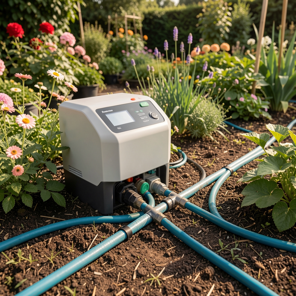 Controlador de riego automático inteligente conectado a mangueras de goteo en un jardín