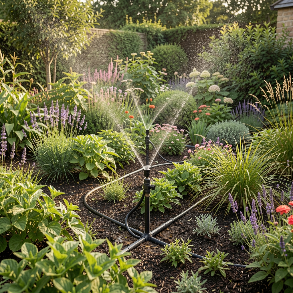 Sistema de riego mixto con goteros y microaspersores combinados en un jardín con distintos tipos de plantas