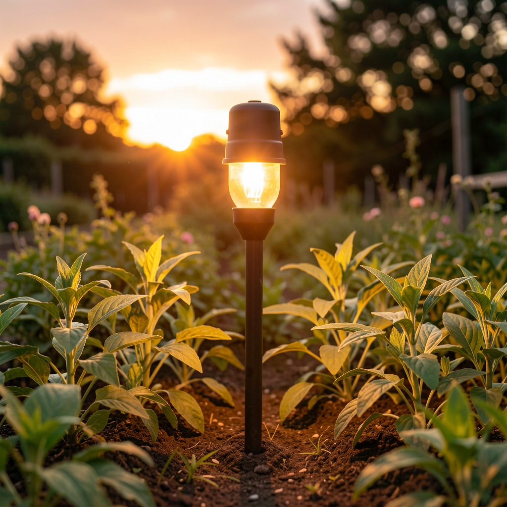 Luz solar tipo estaca de jardín encendida entre plantas bajas durante el atardecer