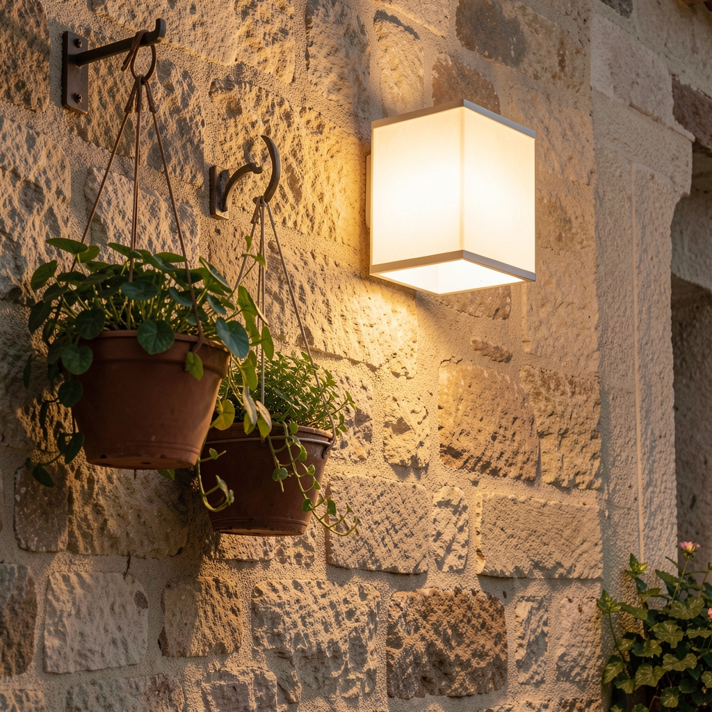Luz solar de pared instalada sobre un muro exterior junto a macetas colgantes