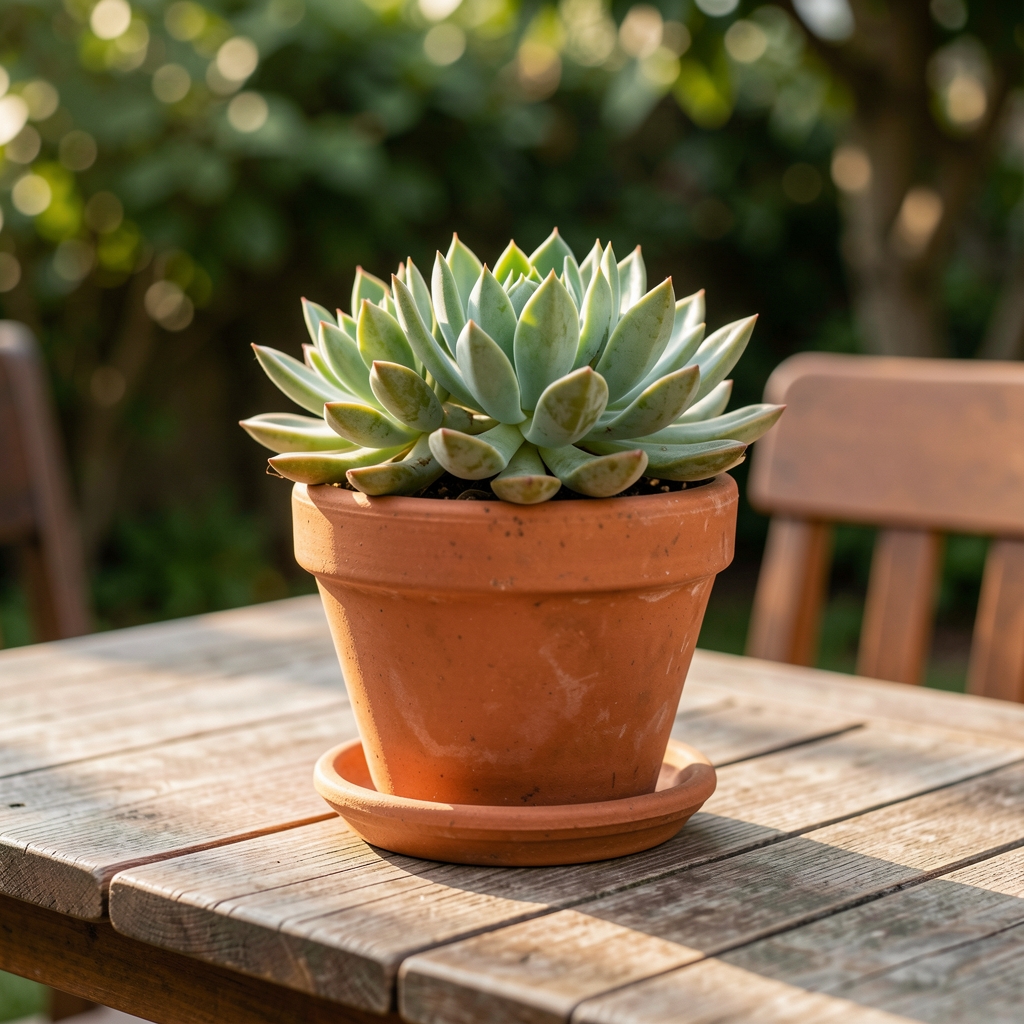 Maceta de terracota tradicional con una planta suculenta sobre una mesa exterior