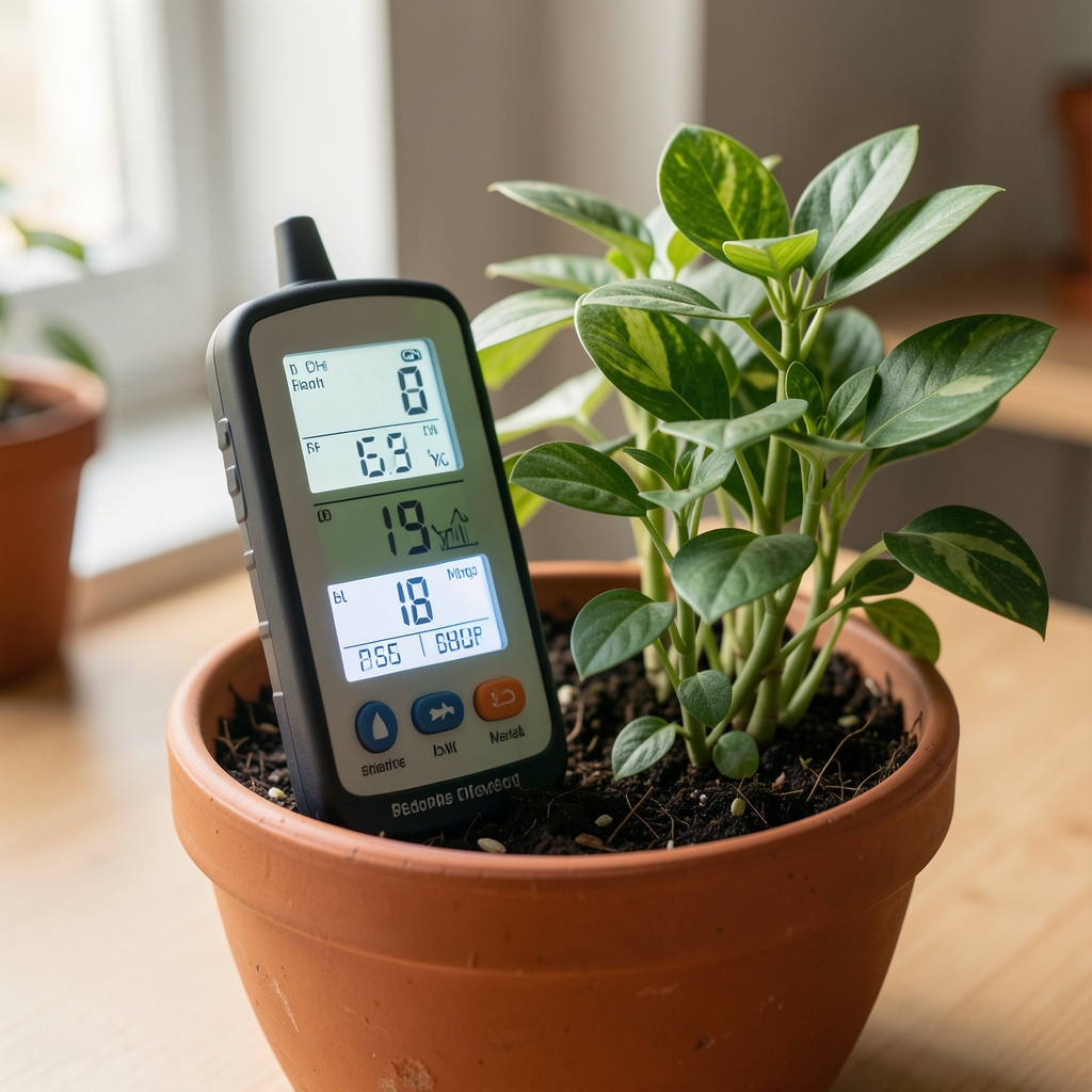Medidor de humedad 3 en 1 con pantalla que mide también pH y nivel de luz junto a plantas en macetero
