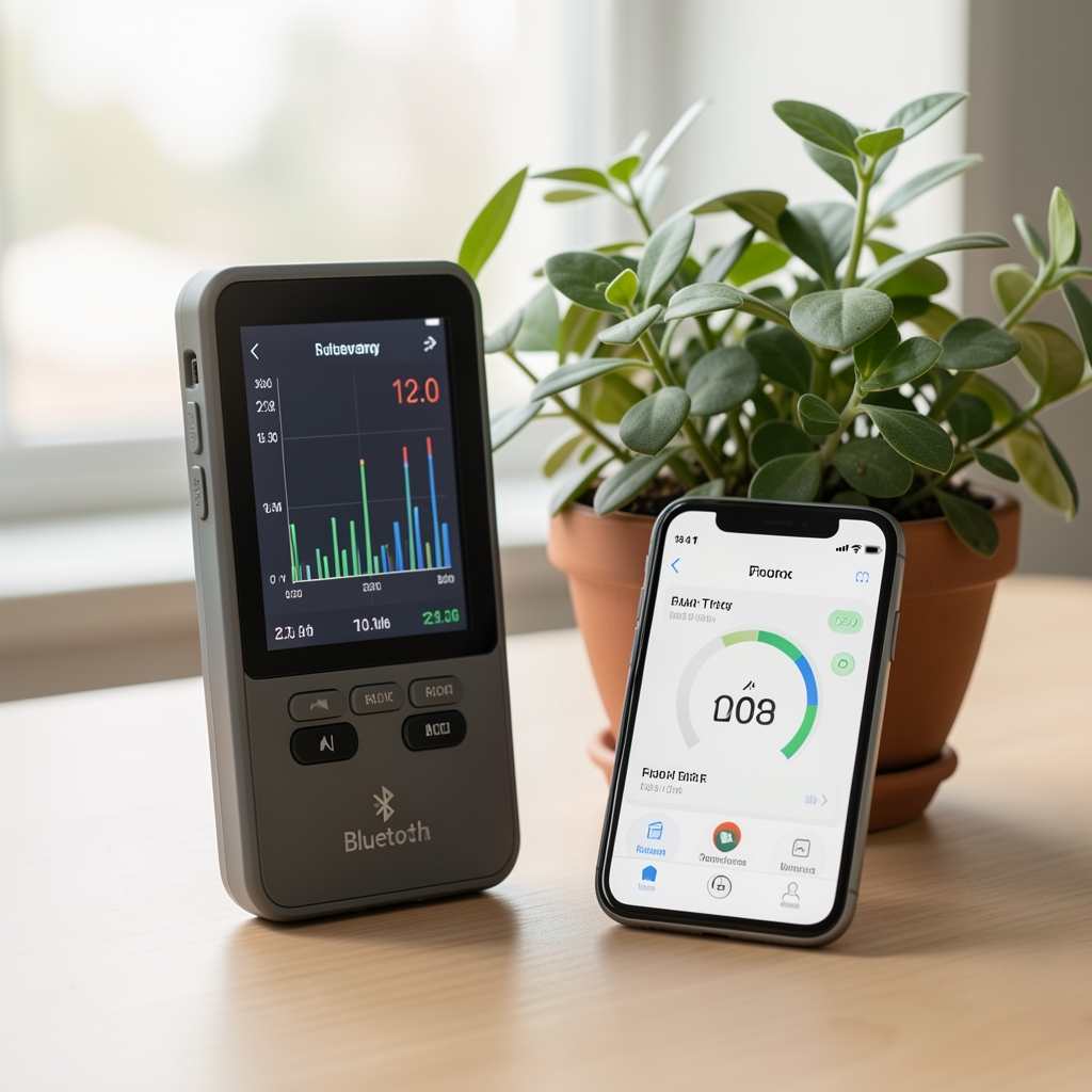 Medidor de humedad con conexión Bluetooth junto a un teléfono mostrando datos de la planta