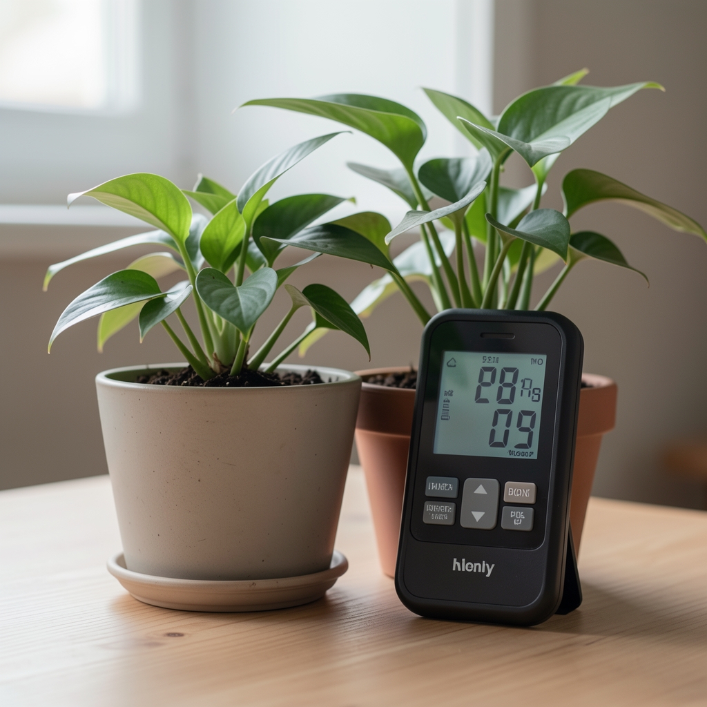 Medidor digital de humedad del suelo con pantalla LCD apoyado junto a una planta de interior