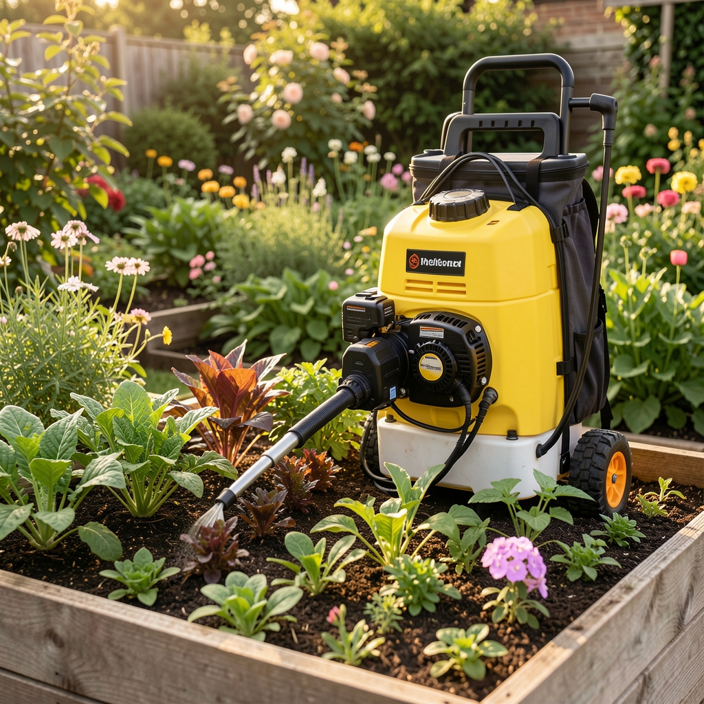 Pulverizador eléctrico recargable de mochila utilizado sobre un cantero de plantas en un jardín
