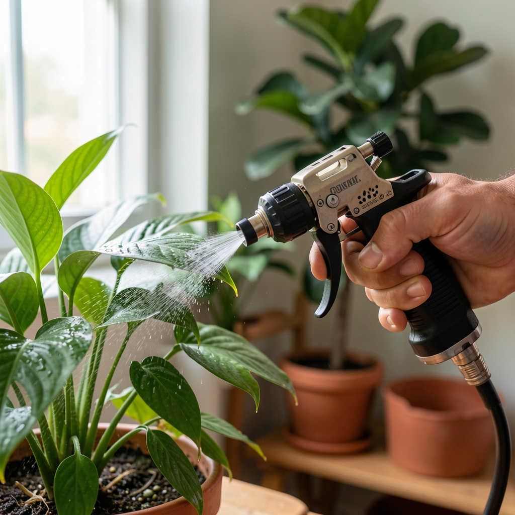 Pulverizador manual de gatillo pequeño aplicando agua sobre las hojas de una planta de interior