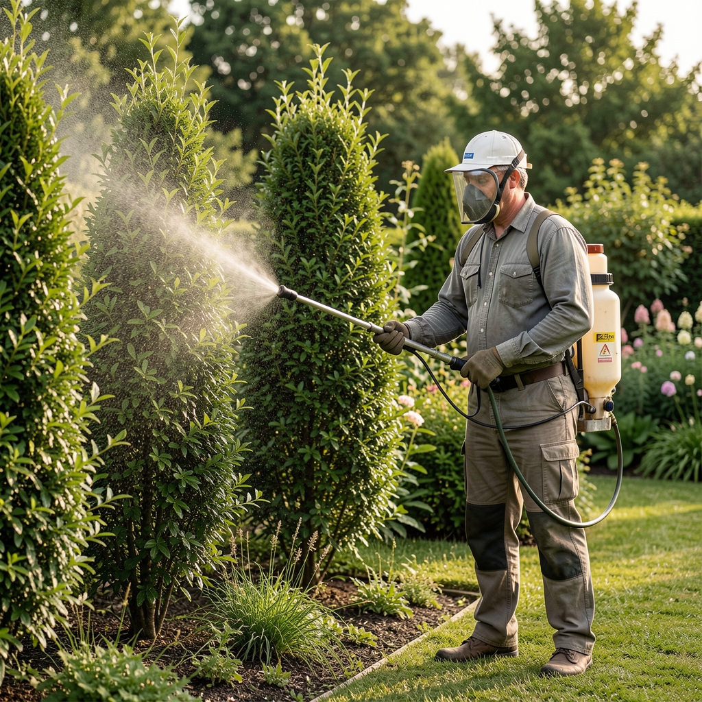 Pulverizador manual con lanza larga aplicando producto sobre arbustos altos en un jardín
