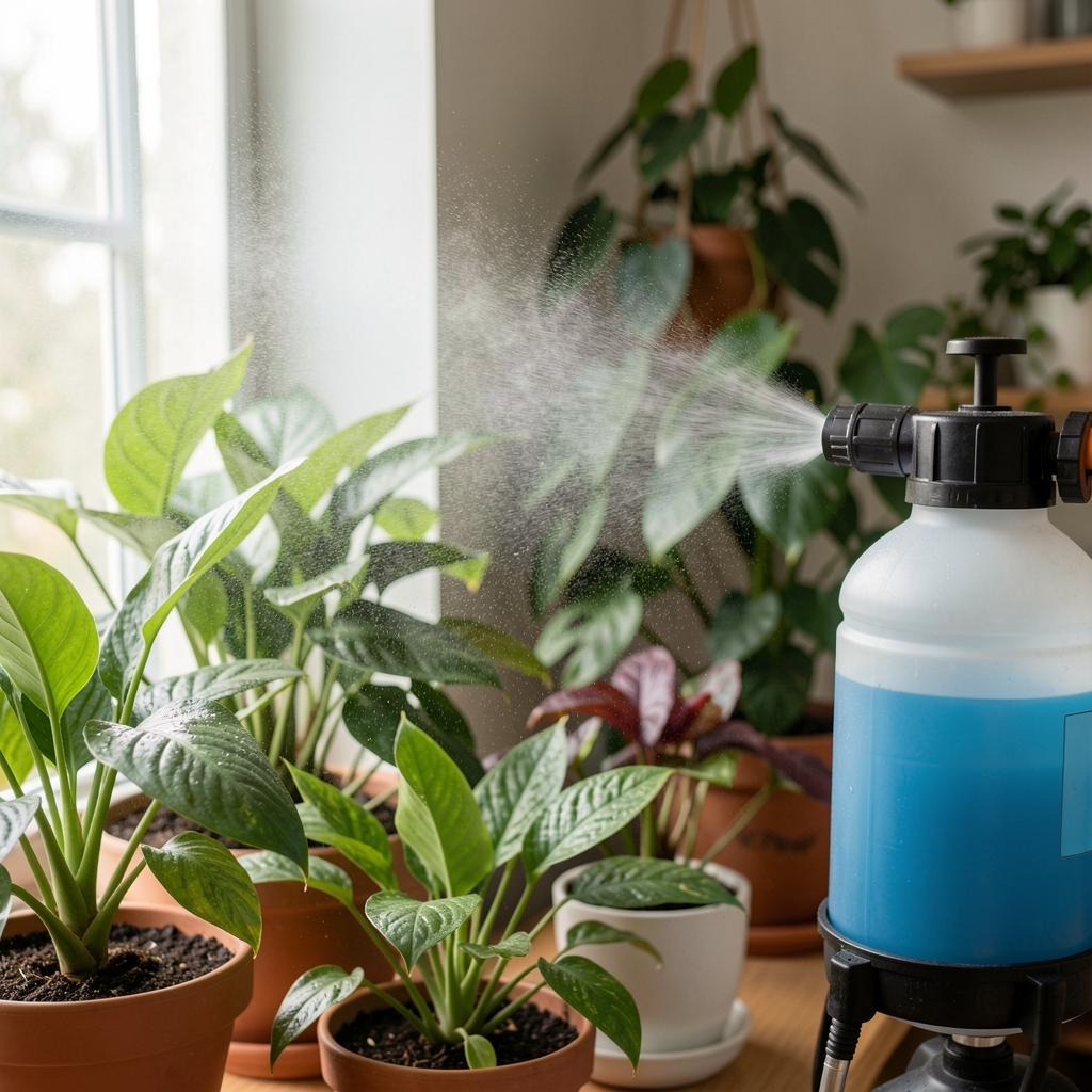 Pulverizador de niebla fina rociando pequeñas gotas de agua sobre hojas de plantas de interior