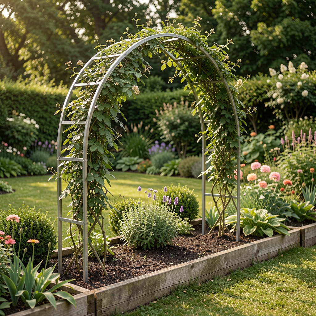 Soporte metálico en forma de arco para plantas trepadoras instalado en un cantero de jardín