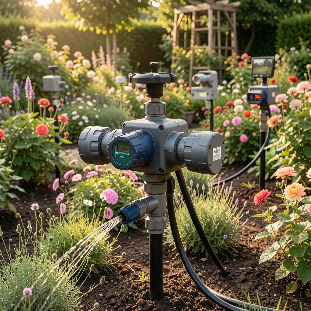 Temporizador de riego con cuatro salidas distribuidas hacia distintos sectores de un jardín