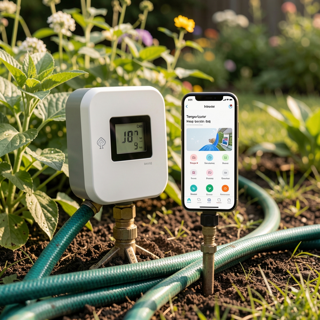 Temporizador de riego inteligente con control desde aplicación móvil junto a una manguera de jardín