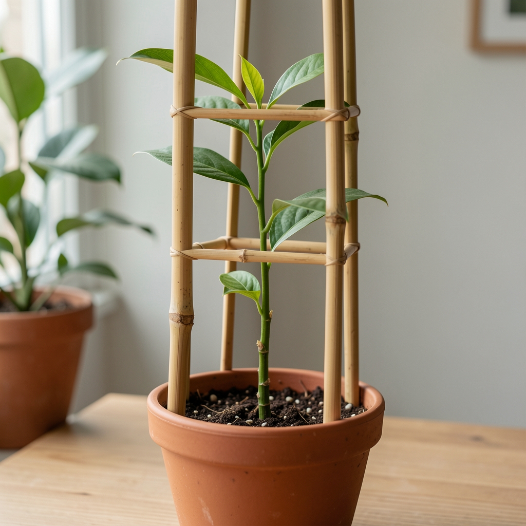 Set de tutores de bambú sosteniendo el tallo de una planta joven en maceta
