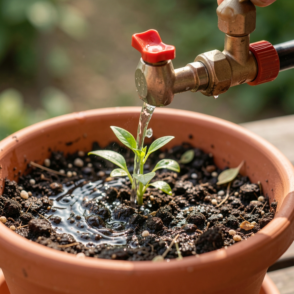 Detalle de gotero de riego automático regulando el flujo de agua sobre la tierra de una maceta con planta pequeña